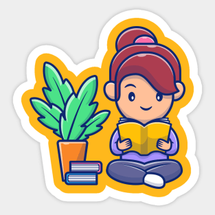 Cute girl reading book cartoon Sticker